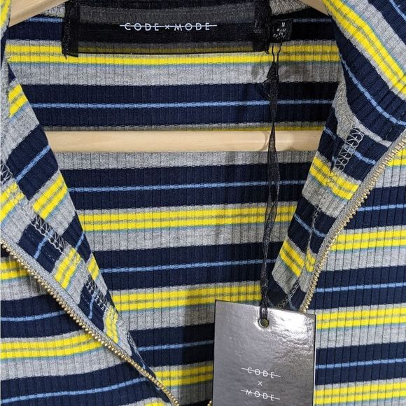 90s style striped long sleeved partial zipper top yellow blue grey size Medium - Picture 3 of 6